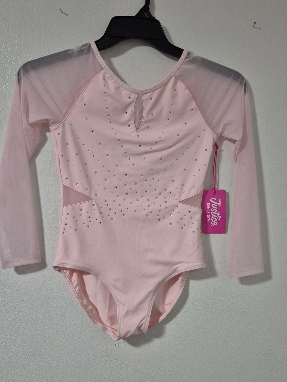 Justice Long Sleeve Pink Rhinestone Mesh Sleeve Dance Leotard